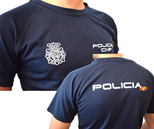 CNP Camiseta policia Nacional Tejido Tecnico para Entrenamiento oposiciones, Color Azul Marino con Bandera de españa, Disponible en Varias Tallas (XXL)