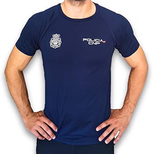 CNP Camiseta policia Nacional Tejido Tecnico para Entrenamiento oposiciones, Color Azul Marino con Bandera de españa, Disponible en Varias Tallas (XXL)