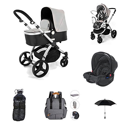 Cochecito de Bebe 3 en 1 Go Baby Neo (Silla con Capazo + Grupo 0 + Saco Polar + Nuevo Bolso Cambiador + Sombrilla + Burbuja de Lluvia). Color Black/Grey.