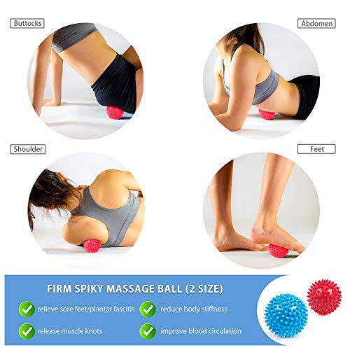 Cohotek 5 Piezas Bolas de Masaje Muscular- 2 x Bolas Masaje con Pinchas, 1 x Lacrosse Bola, 1 x Bola Doble, 1 x Rodillo de Masaje para Terapia Muscular- Ideal para Espalda, Piernas, Pies y Manos, etc