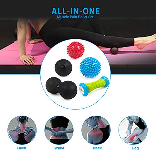 Cohotek 5 Piezas Bolas de Masaje Muscular- 2 x Bolas Masaje con Pinchas, 1 x Lacrosse Bola, 1 x Bola Doble, 1 x Rodillo de Masaje para Terapia Muscular- Ideal para Espalda, Piernas, Pies y Manos, etc