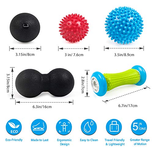 Cohotek 5 Piezas Bolas de Masaje Muscular- 2 x Bolas Masaje con Pinchas, 1 x Lacrosse Bola, 1 x Bola Doble, 1 x Rodillo de Masaje para Terapia Muscular- Ideal para Espalda, Piernas, Pies y Manos, etc