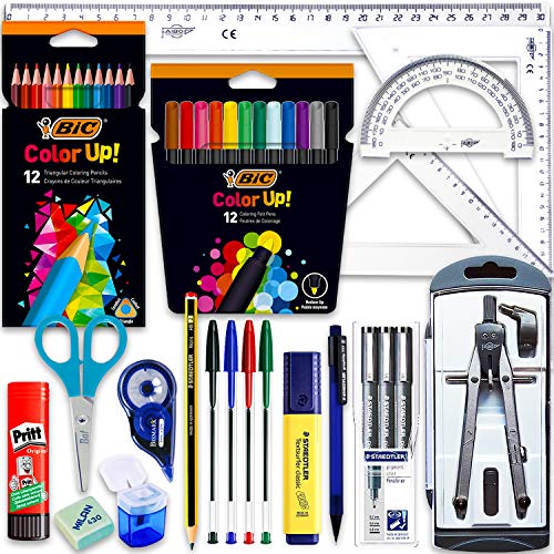 Coleset Pack Material Escolar Secundaria Instituto ESO Educacion secundaria Kit Utiles Escolares Barato Set Compas Escolar Adaptador Lote Materiales Kawaii Escuadra y Cartabon Rotuladores Calibrados