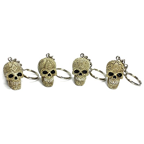 COM-FOUR® 4X Llavero, Calavera y Tibias Cruzadas con Varios Adornos detallados, Idea de Regalo - Calavera 4 cm (04 Piezas - 9 x 3 cm)