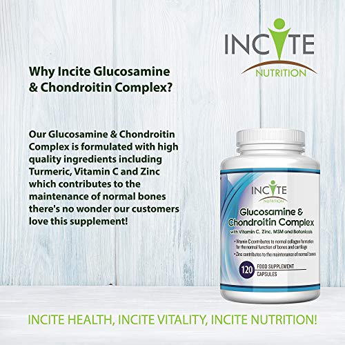 Complejo de Glucosamina y Condroitina con MSM - Vitamina C Zinc - Jengibre - Curcumina de Cúrcuma | 120 cápsulas de primera calidad | Hecho en el Reino Unido por Incite Nutrition®.