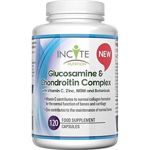 Complejo de Glucosamina y Condroitina con MSM - Vitamina C Zinc - Jengibre - Curcumina de Cúrcuma | 120 cápsulas de primera calidad | Hecho en el Reino Unido por Incite Nutrition®.