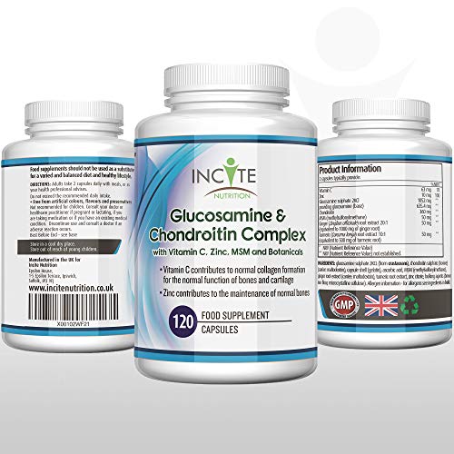 Complejo de Glucosamina y Condroitina con MSM - Vitamina C Zinc - Jengibre - Curcumina de Cúrcuma | 120 cápsulas de primera calidad | Hecho en el Reino Unido por Incite Nutrition®.