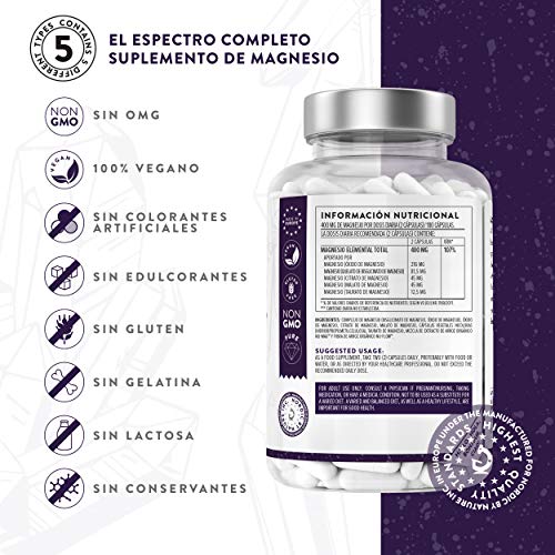 Complejo de Magnesio Fullnesium - 180 Cápsulas - 400 mg/Dosis Diaria - Óxido de Magnesio, Citrato de Magnesio, Malato de Magnesio, Taurato de Magnesio - 100% Vegano