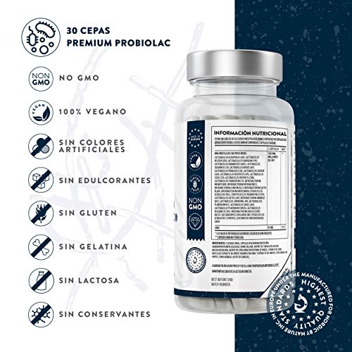 Complejo Probiolac Premium - Alta Potencia - 120 Mil Millones de UFC - 30 Cepas de Bacterias Buenas - Zinc Añadido para el Sistema Inmunológico y Soporte para el Metabolismo - 90 Cápsulas