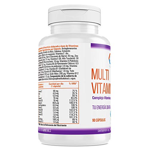 Complejo vitamínico con minerales, vitamina C, vitaminas B2, B3, B5, B6 y B12 y hierro - Multivitamínico para combatir el cansancio, la fatiga y aumentar el bienestar de tu cuerpo (90 cápsulas)