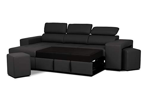 Confort24 John Hogar Sofá Cama 3 Plazas o 4 Plazas Chaise Longue Derecha o Izquierda Esquinero Reposacabezas Ajustable 2 Puffs Negro Salon Decoración de Hogar Polipiel Piel Sintética Negro