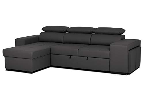 Confort24 John Hogar Sofá Cama 3 Plazas o 4 Plazas Chaise Longue Derecha o Izquierda Esquinero Reposacabezas Ajustable 2 Puffs Negro Salon Decoración de Hogar Polipiel Piel Sintética Negro