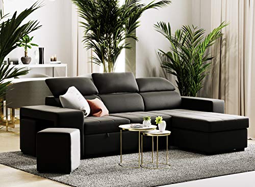 Confort24 John Hogar Sofá Cama 3 Plazas o 4 Plazas Chaise Longue Derecha o Izquierda Esquinero Reposacabezas Ajustable 2 Puffs Negro Salon Decoración de Hogar Polipiel Piel Sintética Negro