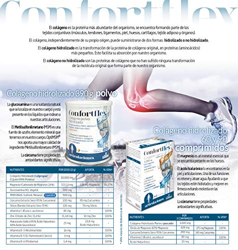 Confortflex® colágeno polvo hidrolizado con, magnesio, glucosamina, MSM, silicio, vitamina C, zinc, ácido hialurónico, vitamina B-3, vitaminaB-5, vitamina B-6 y cúrcuma– 390 gramos, 30 días.