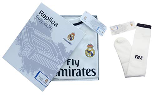 Conjunto Complet Infantil Real Madrid Réplica Oficial Licenciado de la Primera Equipación Temporada 2018-19 Sin Dorsal (10 años)