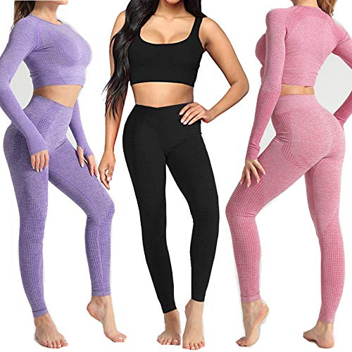 Conjunto Yoga 3 Piezas Ropa Fitness , Pantalones De Yoga Súper Elásticos Sin Costuras+Bralette Para Mujer+Camiseta Deportiva De Manga Larga Sin Costuras Mujer Rosa Rosa S