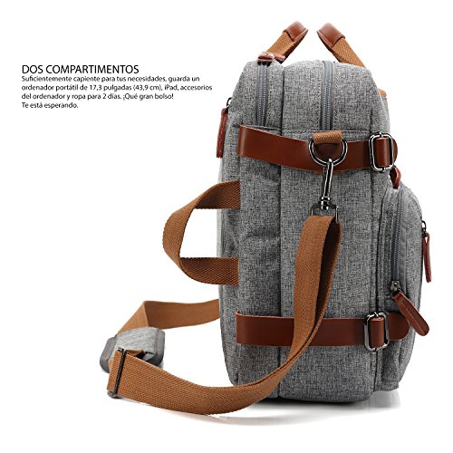 CoolBELL Maletín de Bandolera Convertible en Mochila para Guardar Ordenadores de Lienzo Casual Bolso de Hombro Mochila de Viaje y Bolsa de Mano a Ordenadores de 17,3 Pulgadas (43,9 cm.) (Gris)