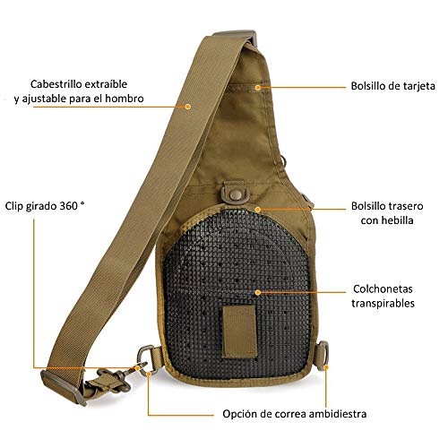 COOLEAD Mochila Militar Hombre Triangular Crossbody Bandolera Táctica Impermeable Portátil Bolso Pecho Durable Tela Oxford Cómodo Bolso Cruzados para Trekking Camping Cazar Acampada Senderismo(Caqui)