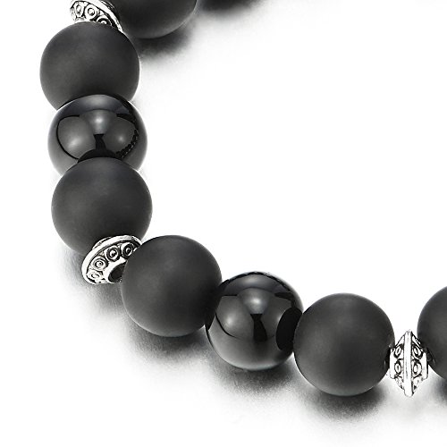 COOLSTEELANDBEYOND Ónix Negro Encantado Brazalete con Pequeño Disco Colgantes, Pulsera de Hombre Mujer, Buddhist Prayer Mala