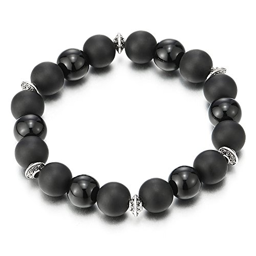 COOLSTEELANDBEYOND Ónix Negro Encantado Brazalete con Pequeño Disco Colgantes, Pulsera de Hombre Mujer, Buddhist Prayer Mala