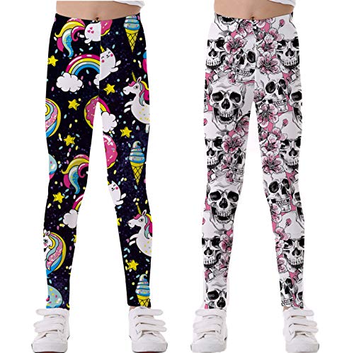 Coralup Mallas elásticas coloridas para niñas pequeñas, con impresión 3D, pantalones casuales, longitud completa, 2 – 10 años Calavera+unicornio 5-6 Años