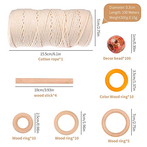 Cordón de macramé, 3mmx200m Cordón Hilo de Algodónwith 100x Cuentas de madera 35x Anillo de madera 4x Palo de madera, para Manualidades Costura, DIY Artesanía, 140pcs Juego