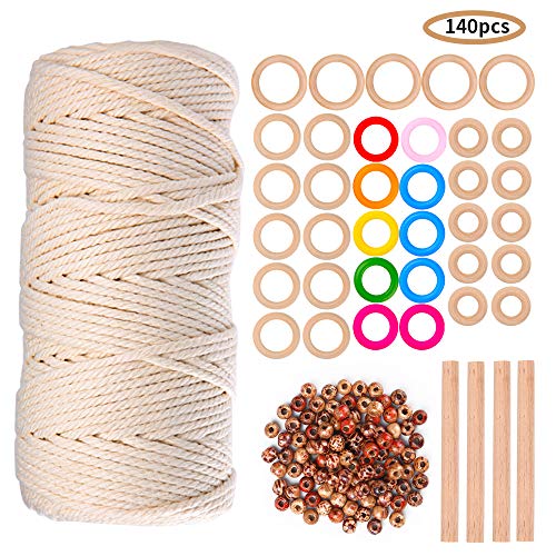 Cordón de macramé, 3mmx200m Cordón Hilo de Algodónwith 100x Cuentas de madera 35x Anillo de madera 4x Palo de madera, para Manualidades Costura, DIY Artesanía, 140pcs Juego