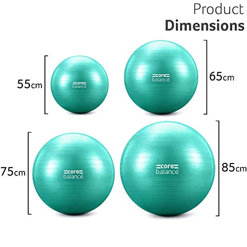 CORE BALANCE, Pelota de Pilates, Fitness, Yoga, Embarazo, Fitball para Ejercicios Gimnasia - Muy Resistente – Tamaño 55cm 65cm 75cm 85cm - Hinchador Incluido