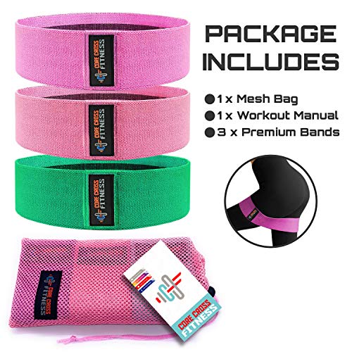 Core Cross Fitness Ltd - Bandas de resistencia de cadera (3 unidades, tela, morado, verde, rosa, bolsa de transporte y manual de instrucciones (idioma español no garantizado).