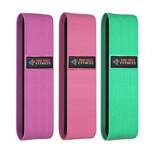 Core Cross Fitness Ltd - Bandas de resistencia de cadera (3 unidades, tela, morado, verde, rosa, bolsa de transporte y manual de instrucciones (idioma español no garantizado).