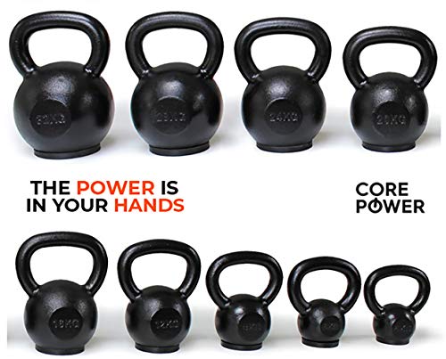 CorePower® - Pesa rusa de hierro fundido, 4-32 kg, alta calidad para gimnasio, entrenamiento y CrossFit, con base de goma para protección del suelo, negro