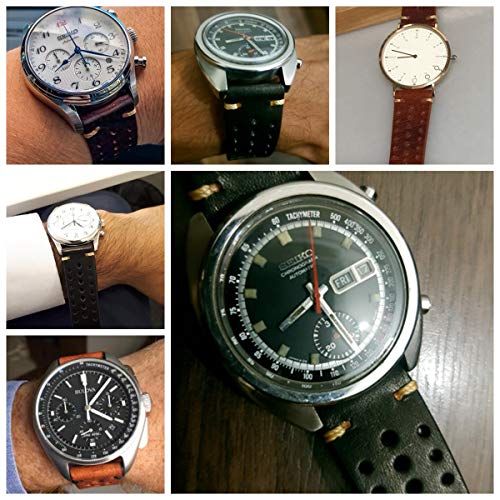Correas de Reloj de Cuero de Carreras de 20 mm, Cada Correa de Repuesto Negra bronceada Vegetal Transpirable Negro