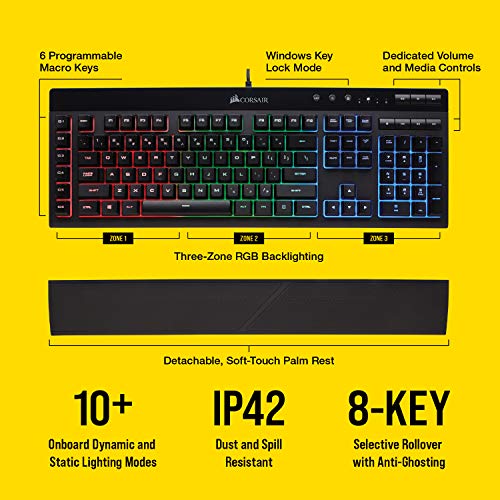 Corsair K55 RGB - Teclado (Alámbrico, USB, Interruptor de Membrana, QWERTY, LED RGB, Negro)