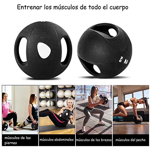 COSTWAY Balón Medicinal de Ejercicio Gimnasia Yoga de Goma con Asas Color Negro Selección de Peso 2-9KG (26.5 x 26.5 x 26.5CM, 7)