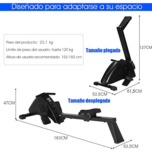 COSTWAY Máquina de Remo Magnética Plegable para Gimnasio en Casa con Resistencia de 10 Etapas y Monitor LCD Carga hasta 120kg Negro