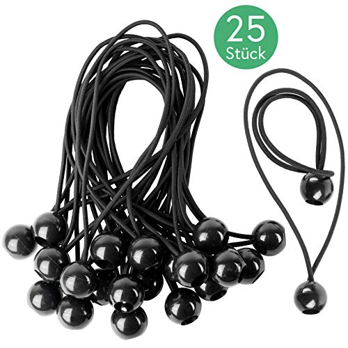CoverUp! 25 Bolas Bungee - Cuerdas elásticas con Bola para una fijación óptima - tensores de Cuerda para Cualquier Uso - tensores Elasticos para Lonas y Tiendas (Negro)