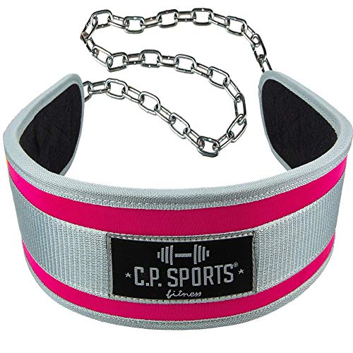 C.P. Sports Set Dip Cinturón (Dipgürtel, Dippgürtel) incluida cadena & carabinas + Strongman Handgelenkbandagen pares - más peso para Klimmzüge & Dips - Kraftsport, Bodybuilding, Cross Fit, rosa