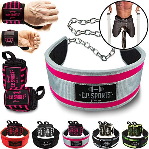 C.P. Sports Set Dip Cinturón (Dipgürtel, Dippgürtel) incluida cadena & carabinas + Strongman Handgelenkbandagen pares - más peso para Klimmzüge & Dips - Kraftsport, Bodybuilding, Cross Fit, rosa