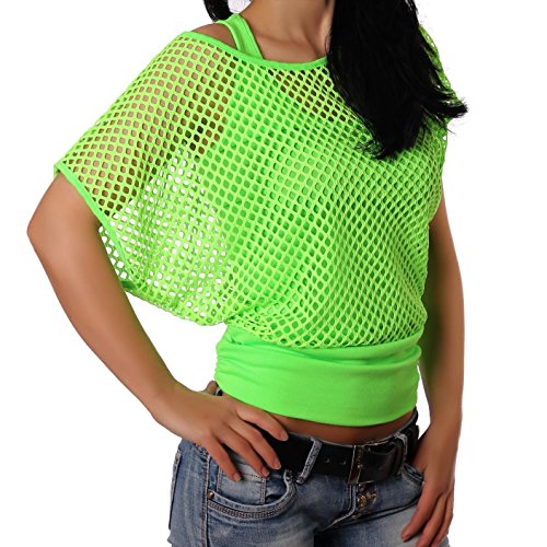 Crazy Age - Camiseta de verano para mujer, en diseño de red, a la moda, para verano, fiestas, en colores neón verde neón S-M