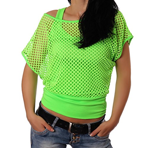 Crazy Age - Camiseta de verano para mujer, en diseño de red, a la moda, para verano, fiestas, en colores neón verde neón S-M