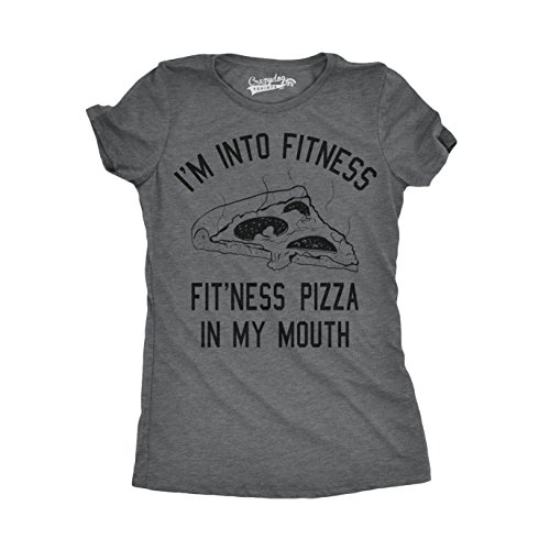 Crazy Dog Tshirts - Womens Fitness Pizza In My Mouth Funny Workout Foodie T Shirt (Dark Heather Grey) - L - Camiseta para Mujer