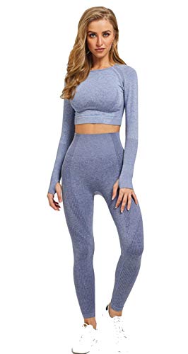 CrisKat Chándal mujer Conjunto deportivo mujer Conjunto Cintura Alta Leggings para Running Fitness Yoga Leggings (Conjunto Azul, M)
