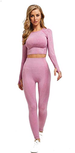 CrisKat Chandal mujer Conjunto deportivo mujer Conjunto mujer Cintura Alta Leggings Ropa fitness mujer Mallas deporte niña Mallas crossfit mujer (Conjunto Rosa, M)