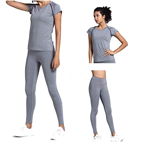 CrisKat Conjunto de Ropa Deportiva para Mujer Camiseta de Running de Manga Corta de 2 Piezas Pantalones de Cintura Alta Yoga Gym Wear(#3 Conjunto Gris Claro, S)