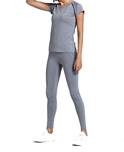 CrisKat Conjunto de Ropa Deportiva para Mujer Camiseta de Running de Manga Corta de 2 Piezas Pantalones de Cintura Alta Yoga Gym Wear(#3 Conjunto Gris Claro, S)