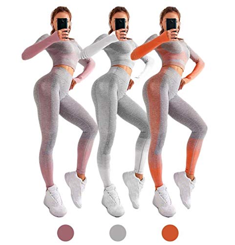 CrisKat Conjunto de Ropa Deportiva para Mujer Top de Running de Manga Larga de 2 Piezas Pantalones de Cintura Alta Yoga Gym Wear (Gris, M)