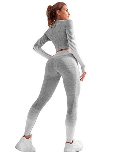 CrisKat Conjunto de Ropa Deportiva para Mujer Top de Running de Manga Larga de 2 Piezas Pantalones de Cintura Alta Yoga Gym Wear (Gris, M)