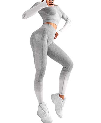 CrisKat Conjunto de Ropa Deportiva para Mujer Top de Running de Manga Larga de 2 Piezas Pantalones de Cintura Alta Yoga Gym Wear (Gris, M)