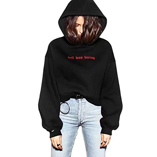 Crop Sudaderas con Capucha Mujer Invierno Vintage Negra Rojo Corta Hoodie Suéter Jersey Ropa (Negro, Medium)