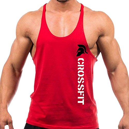 Crown Designs Crossfit Spartan Musculacion Entrenamiento con Pesas Deportes Chaleco con Zancas Parte Superior con Espalda y Espalda Ajustada para Hombres y Adolescentes - Rojo con Diseno Blanco/Medio